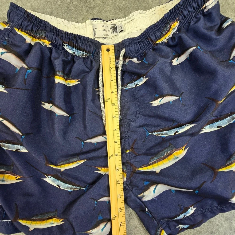 Spicy Tuna Swim‎ Trunks Men 2XL Navy Blue Marlin Print Elastic Waist Beachwear